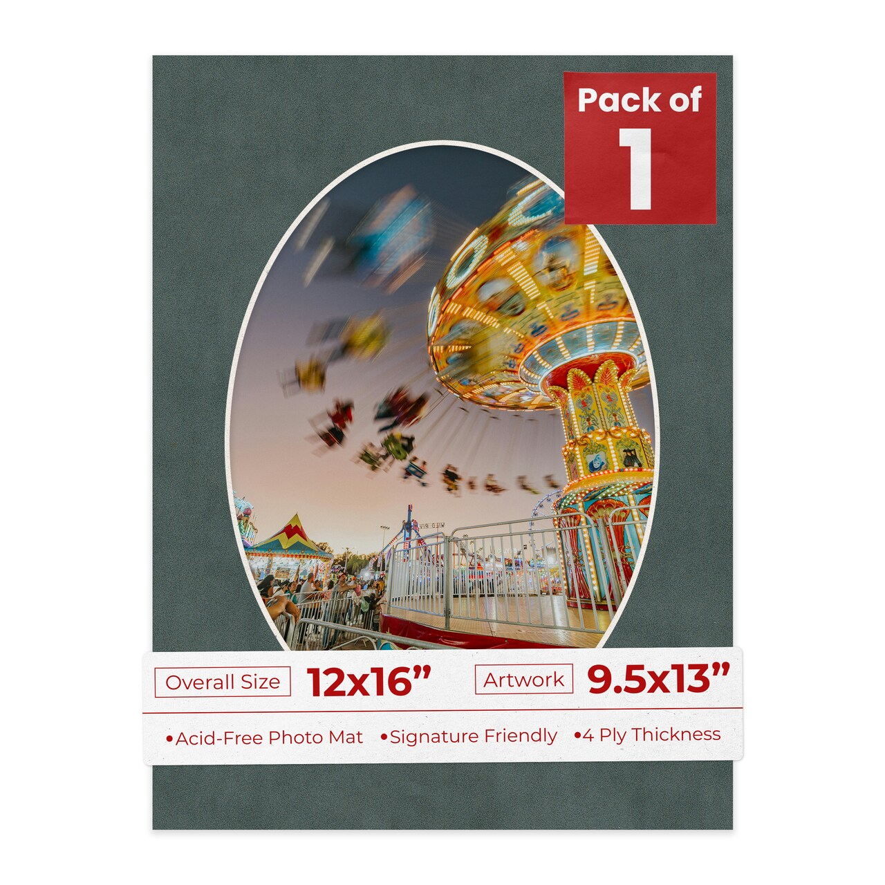 Dark Grey Suede Mat Board for 12x16 Frames - Oval Opening for 9.5x13 Photos